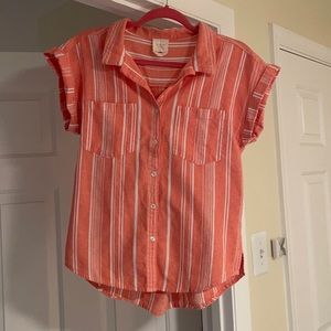 Coral Button Down Short Sleeve Blouse